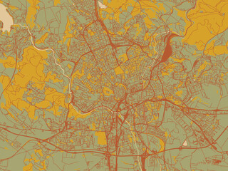 Graphic flat color map of Brno, Czechia in muted sage base, rust-colored roads, and soft ochre highlights.