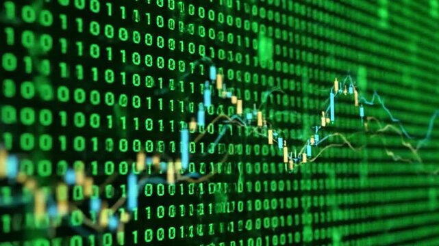 Animation of binary code and financial data streaming down like digital rain, futuristic finance visualization