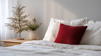 Festive bedroom with striped sheets, white pillows and vibrant red pillow, small artificial Christmas tree with warm lights and white vase greenery on nightstand