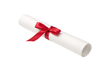 White cylindrical scroll secured with decorative red silk ribbon in center, isolated on a transparent background