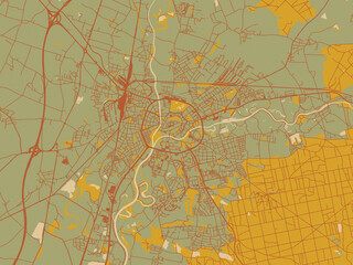 Modern flat map poster of Hradec Kralove, Czechia in muted sage base, rust-colored roads, and soft ochre highlights.