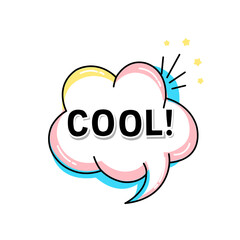 A vibrant comic-style speech bubble with the word 'COOL!' in bold black letters, featuring a pink outline, white fill, and colorful shadows, accented with stars.