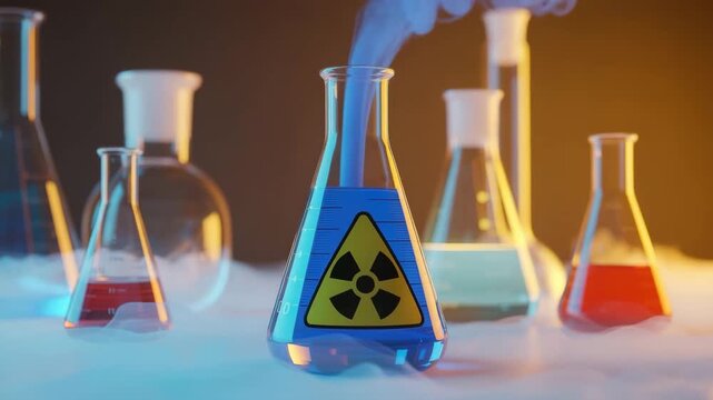 Eerie science lab with bubbling beakers and radioactive hazard warning, perfect for suspenseful scenes or scientific breakthrough moments - Powered by Adobe