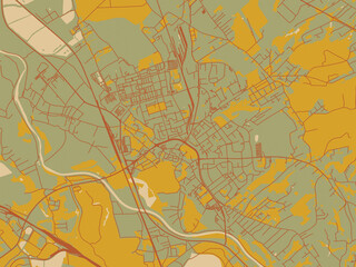 Contemporary flat map of Karvina, Czechia design with muted sage base, rust-colored roads, and soft ochre highlights.