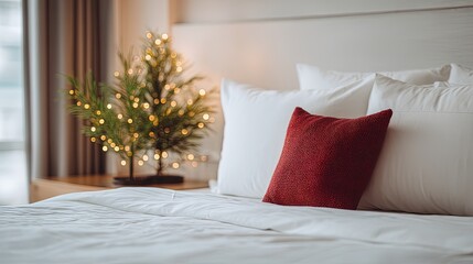 Cozy bedroom corner, pristine white sheets with white pillows and striking red square pillow, left nightstand small plant with warm yellow lights, window natural light