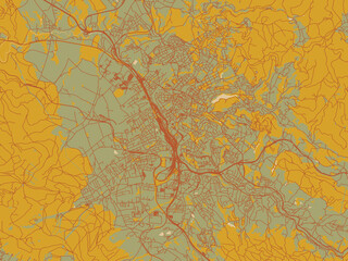Decorative flat city map of Liberec, Czechia using sage/olive tone field with rust networks and ochre shapes, cream water.
