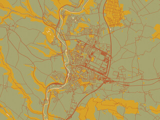 Poster-ready flat map of Mlada Boleslav, Czechia, sage green ground with rust-red roads and ochre accents.
