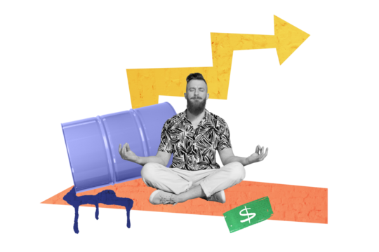 Composite trend artwork sketch image collage of monochrome miniature young guy keep calm sit meditate rich arrow trader dollar business