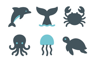 Fototapeta premium Flat design silhouettes of various ocean animals including dolphin, crab, octopus, jellyfish, and sea turtle