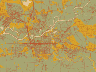 Stylized minimalist map of Pardubice, Czechia in muted sage base, rust-colored roads, and soft ochre highlights.