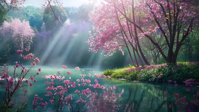 pink cherry blossom trees in full bloom near a serene water body, with sunlight filtering through the trees and creating a misty atmosphere. The scene is set in a lush.