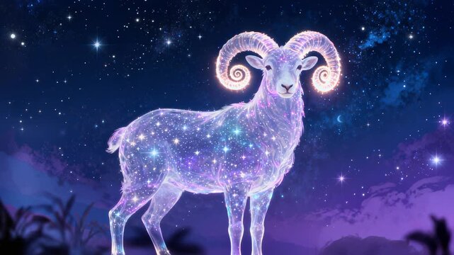 Radiant astrological symbol of Aries materializing within deep indigo galactic background, featuring translucent stellar form with glowing spiral horns and cosmic ethereal texture.