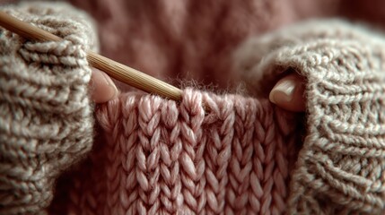 編み棒と毛糸を使ってニットを編む人の手元のクローズアップ | Close-up of hands knitting a garment with knitting needles and yarn