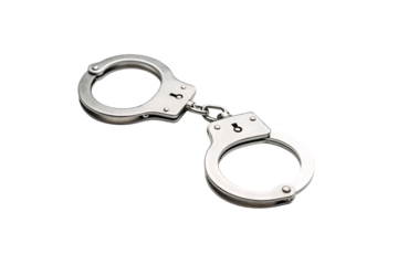 Chrome steel handcuffs linked together, police security equipment accessory tool isolated on a transparent background