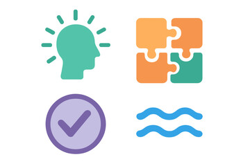 Conceptual icons set showing idea generation, problem solving, success, and water element symbols