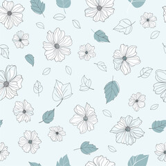 Delicate hand-drawn floral pattern on a soft blue background with scattered leaves.