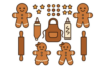 Festive set of gingerbread characters, rolling pins, apron, and icing supplies for holiday baking