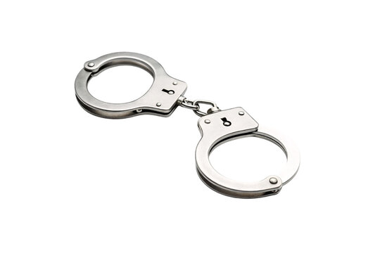Chrome steel handcuffs linked together, police security equipment accessory tool isolated on a transparent background