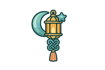 Obraz premium Traditional golden Fanoos lantern combined with blue crescent moon and star symbol