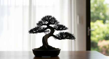 Silhouette of a meticulously shaped bonsai tree in a pot.