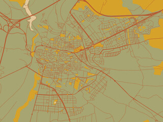 Modern flat map poster of Avila, Spain in sage/olive tone field with rust networks and ochre shapes, cream water.
