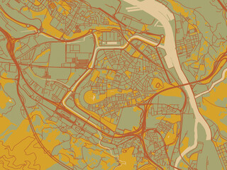 Obraz premium Vector-style flat map of Barakaldo, Spain with sage green ground with rust-red roads and ochre accents.