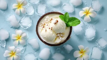 A closeup of a coconut filled with ice cream, garnished with a sprig of mint. The ice cream has a creamy texture with visible chunks of fruit and nuts. The background is a light blue.