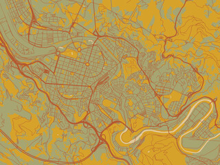 Stylized minimalist map of Bilbao, Spain in sage green ground with rust-red roads and ochre accents.