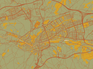 Fototapeta premium Stylized minimalist map of Burgos, Spain in sage green ground with rust-red roads and ochre accents.