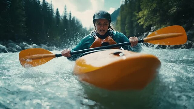 A person kayaking through a rapids in a river with a forested backdrop. The kayaker is wearing a helmet and is in motion, with water splashing around them.