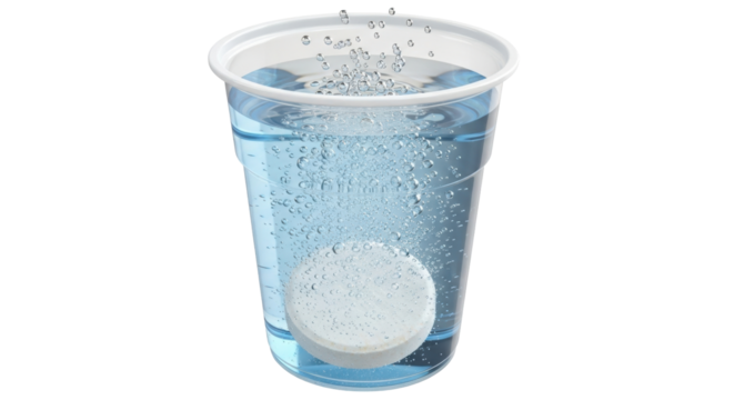 Isolated effervescent tablet dissolving in a glass of water, fizzy drink preparation