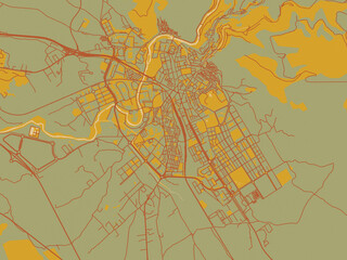 Abstract flat-design map of Cuenca, Spain, featuring earthy sage background with rust roadways and ochre details.