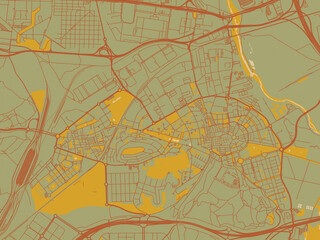 Obraz premium Flat painterly map of Coslada, Spain in sage/olive tone field with rust networks and ochre shapes, cream water.