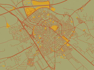 Flat painterly map of Dos Hermanas, Spain in earthy sage background with rust roadways and ochre details.