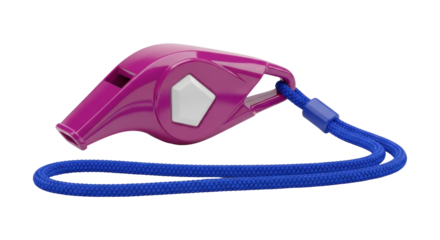 Isolated magenta-colored whistle with a blue lanyard commonly used by coaches and referees