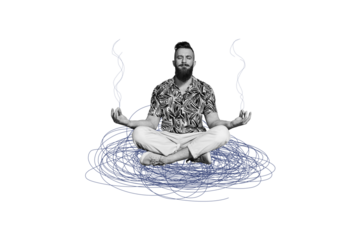 Composite photo collage of serious man do yoga retreat buddhism meditation spiritual hobby practicing asana isolated on painted background