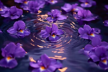 Dozens of deep violet iris flowers floating on rippling water, more falling gently from above, with soft reflections creating a calm, meditative floral surface 