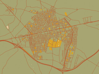 Vector-style flat map of El Ejido, Spain with muted sage base, rust-colored roads, and soft ochre highlights.
