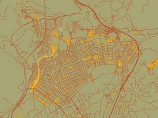 Decorative flat city map of Elda, Spain using earthy sage background with rust roadways and ochre details.