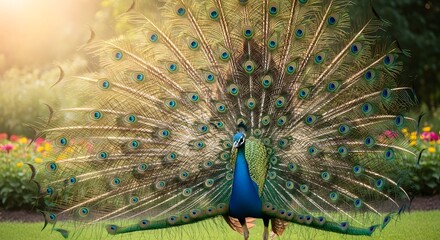 Obraz premium Beautiful peacock displaying feathers in garden wildlife nature bird photography stock image background art