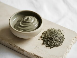 Clean and earthy beauty shot of a detoxifying green clay facial mask in a ceramic bowl, with loose powder on a stone slab, for natural skincare.

