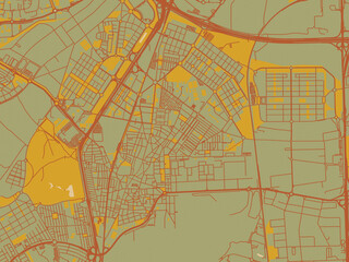 Graphic flat color map of Getafe, Spain in muted sage base, rust-colored roads, and soft ochre highlights.