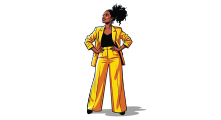 A confident Black woman in a stylish yellow pantsuit stands with her hands on her hips, looking upwards with a determined expression. © nanda