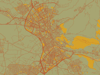 Vector-style flat map of Granada, Spain with muted sage base, rust-colored roads, and soft ochre highlights.