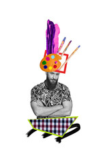 Vertical photo collage of serious man artist instead head palette paintbrush drawing exhibition...