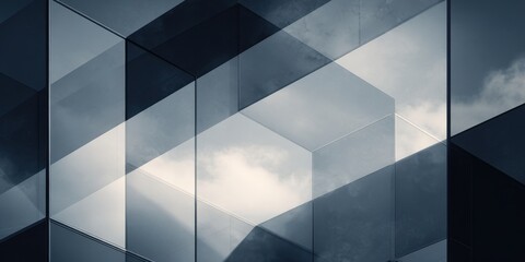 Corporate Glass Facade with Geometric Cloud Reflections in Modern Abstract Design