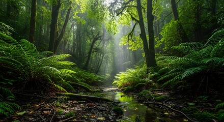 Obraz premium Beautiful green forest landscape photography with lush foliage and sunlight streaming through trees canopy