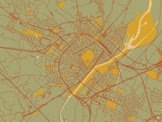 Naklejka premium Minimalist flat city map of Lleida, Spain with earthy sage background with rust roadways and ochre details.