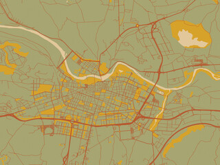Poster-ready flat map of Logrono, Spain, sage/olive tone field with rust networks and ochre shapes, cream water.