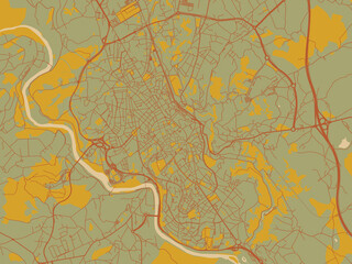 Stylized minimalist map of Lugo, Spain in olive backdrop with warm rust street network and ochre blocks.